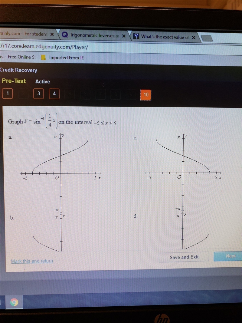 Graph y=sin^-1(1/4)x) on the interval -5<x<5-example-1