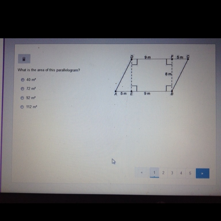 What is the area of this parallelogram A.) 40m2 B.) 72m2 C.) 92m2 D.) 112m2-example-1