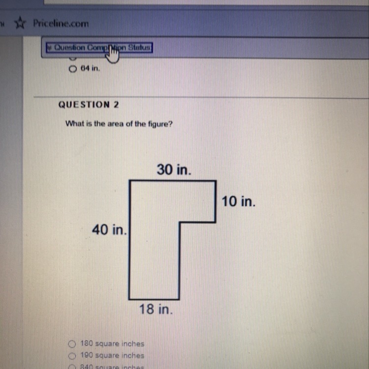 What is the area of this figure? A. 180 square inches B. 190 square inches C. 840 square-example-1