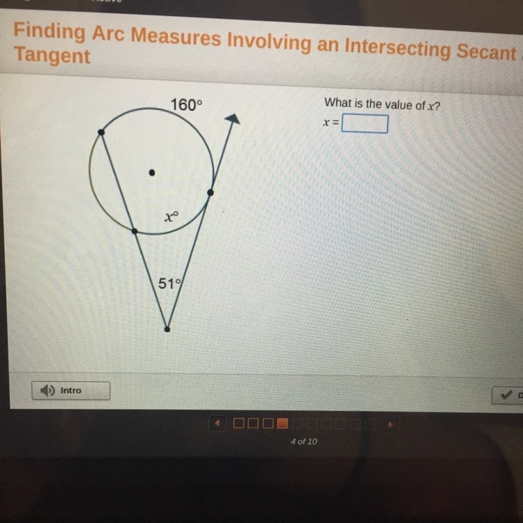 Finding arc measures involving an intersecting secant and tangents What is the value-example-1