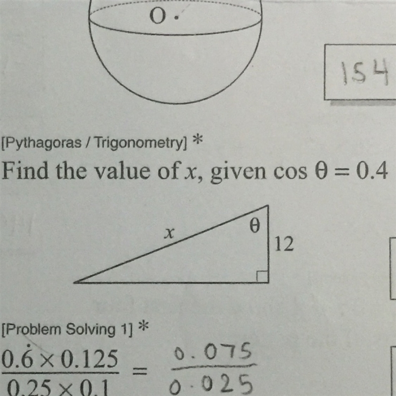 Find the value of x, given cos 0 = 0.4 PLEASE HELP!!!!!! And explain if possible-example-1