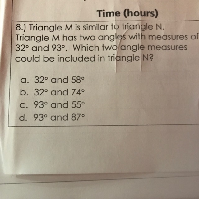 Triangle M is similar to triangle N. Triangle M has two angles with measures of 32° and-example-1