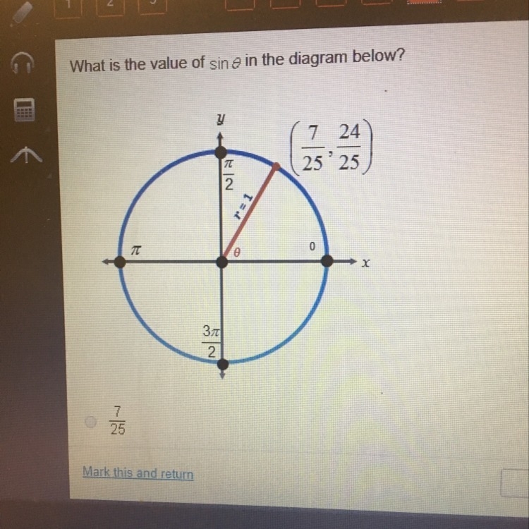 What is the value of sin theta in the diagram below? A: 7/25 B: 7/24 C: 24/25 D: 24/7-example-1