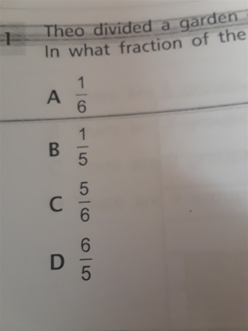 Theo divided a garden equally Into 6 parts. He planted seeds in 5 of the parts. In-example-1