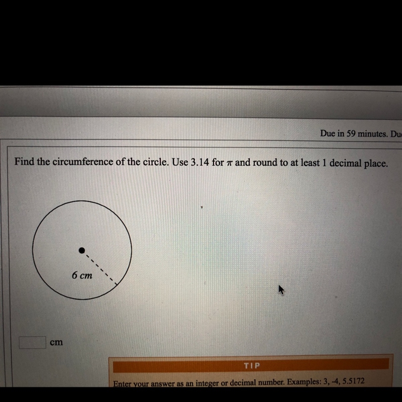 Find the circumference of the circle. Use 3.14 for pi and round to at least one decimal-example-1