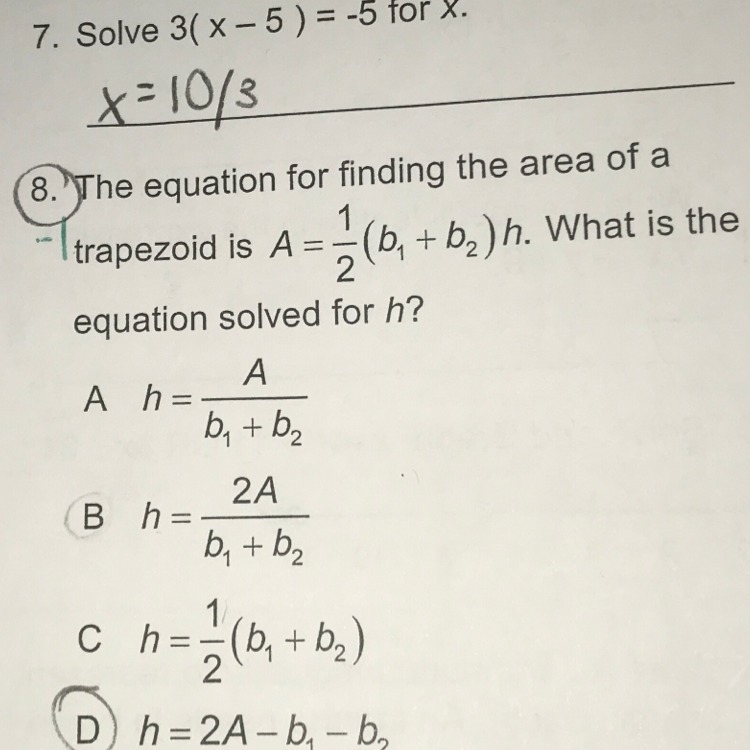 The equation for finding the area of a trapezoid is a=1/2(b1 + b2)h ; solve for h-example-1