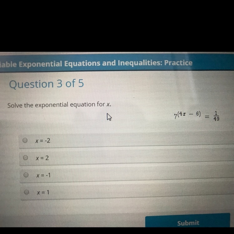 Solve the exponent equation for x 7(4x-6)= 1/49-example-1