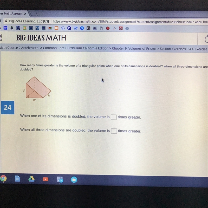 How many times greater is the volume of a triangular prism when one of its dimensions-example-1