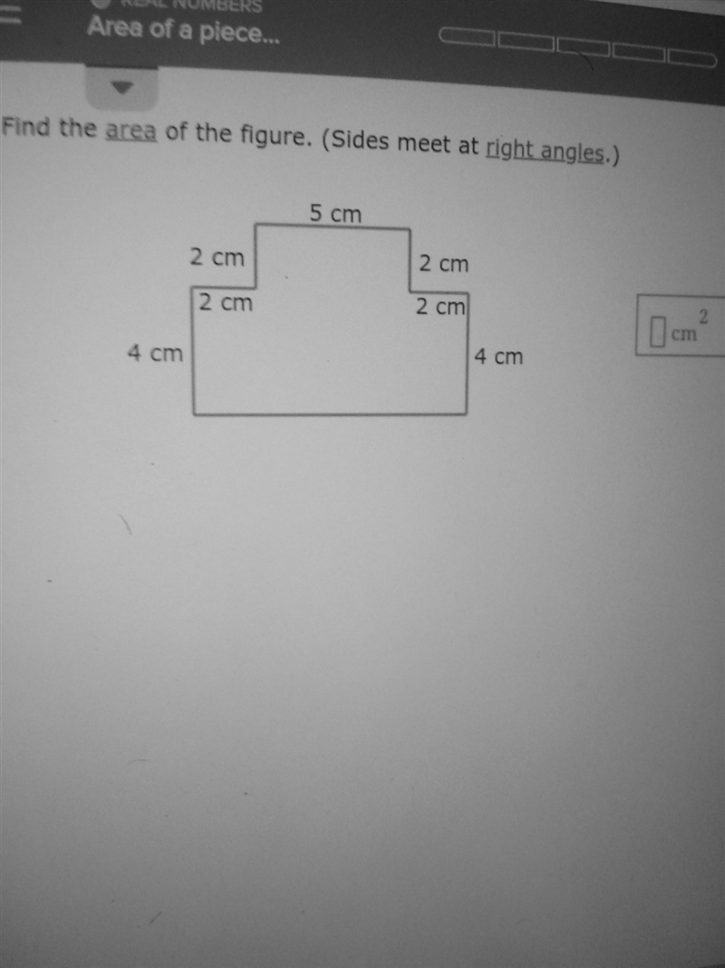 Find the area of the figure.(sides meet at right angles)-example-1