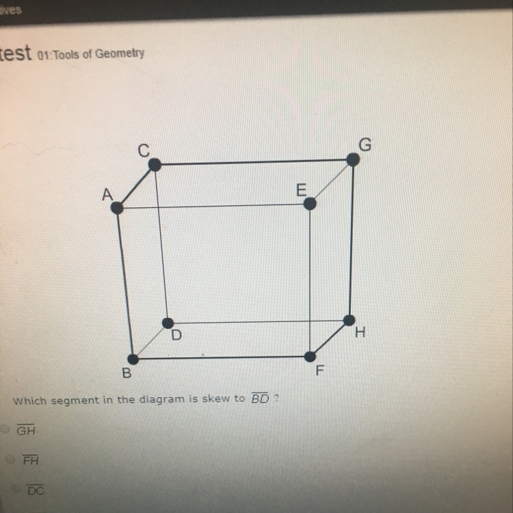 Which segment in the diagram is skew to BD? A GH B FH C-example-1