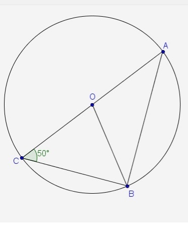 In the diagram, `bar(AC)` is a diameter of the circle with center O. If m`/_ACB` = 50°, what-example-1