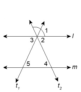 Lines and m are parallel. Lines and are transversals. What is m<1 if m<4 = 65? Justify-example-1