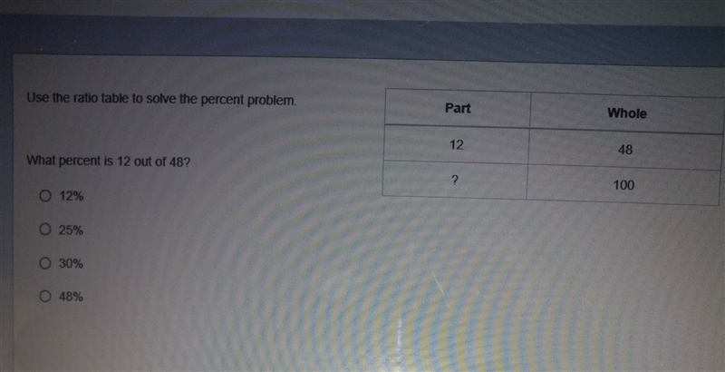 Use the ratio table to solve the percent problem? What percent is 12 out of 48?-example-1