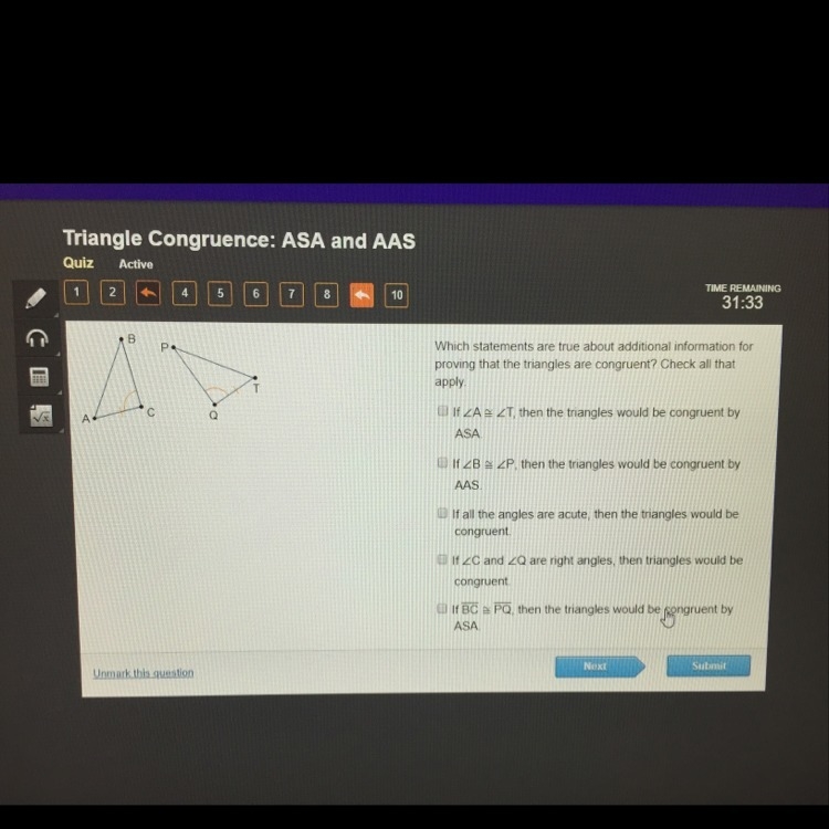 Which statements are true about additional information for proving triangles are congruent-example-1