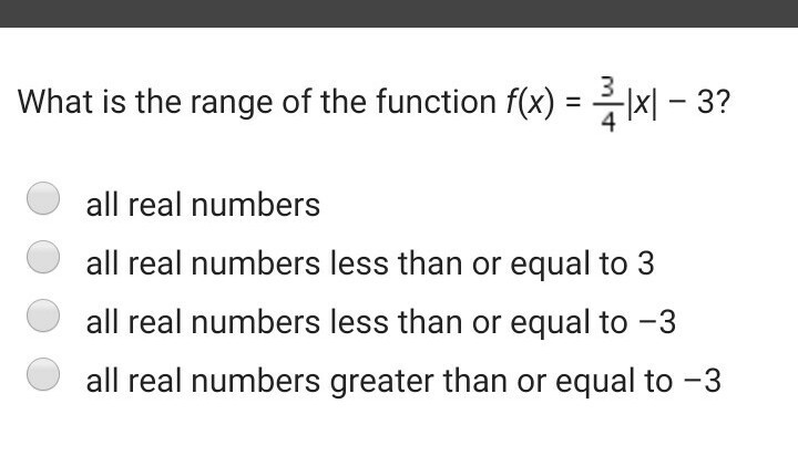 HURRY NEED HELP What is the range of the function f(x) = ￼|x| – 3-example-1