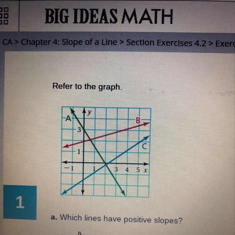 A.which lines have positive slopes? A B C b. Which line has the steepest slope? A-example-1