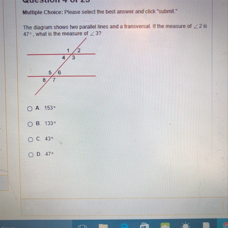 The diagram shows two parallel lines and a transversal if the measure of two is 47 what-example-1