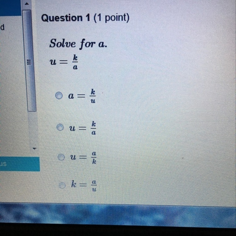 Solve for a... u=k/a-example-1