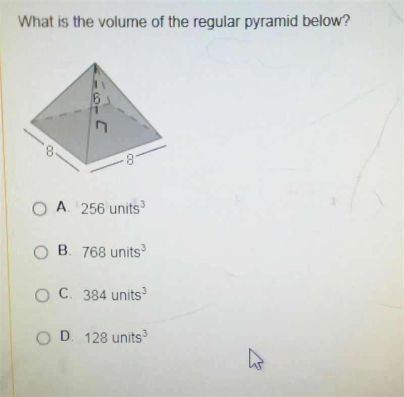 (Photo) What is the volume of the regular pyramid below? A. 256 units(cube) B. 768 units-example-1