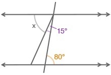 A pair of parallel lines is cut by a transversal: What is the measure of angle x? A-example-1