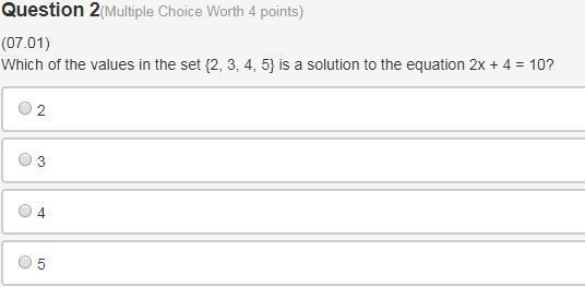 Which of the values in the set {2, 3, 4, 5} is a solution to the equation 2x + 4 = 10? A-example-1