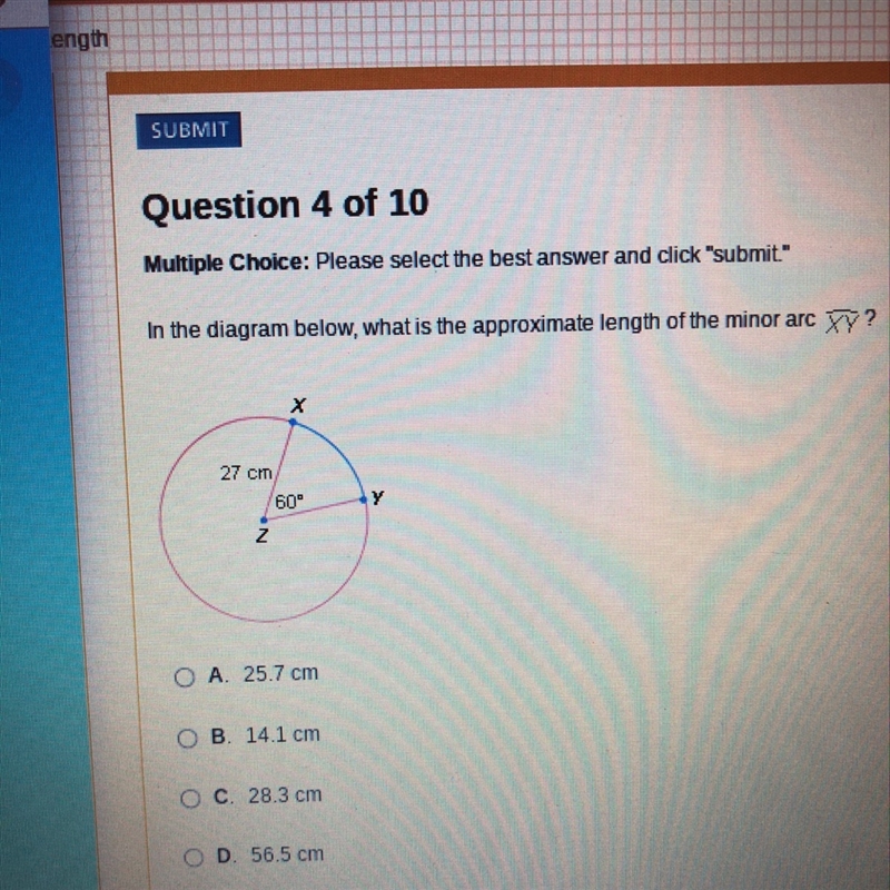 In the diagram below what is the approximate length of the minor arc XY-example-1