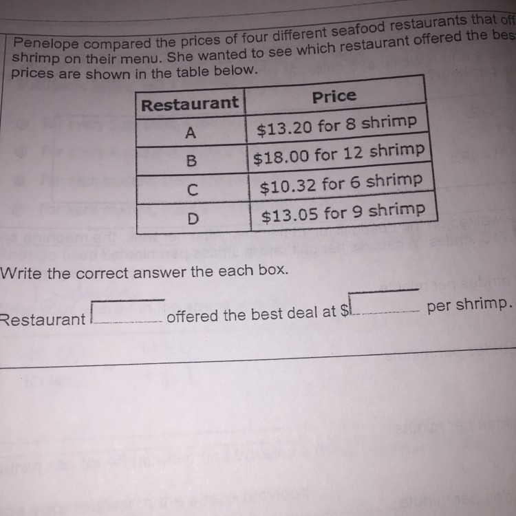 Penelope compared the prices of four different seafood restaurants that offer coconut-example-1