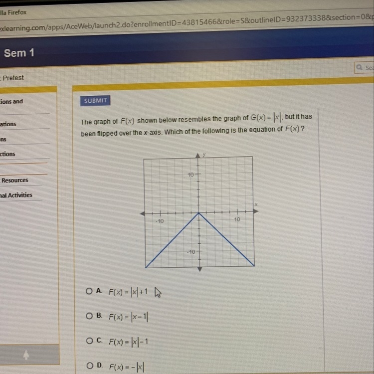 the graph F(x) shown below resembles the graph of g(x) = |x| but it has been flipped-example-1