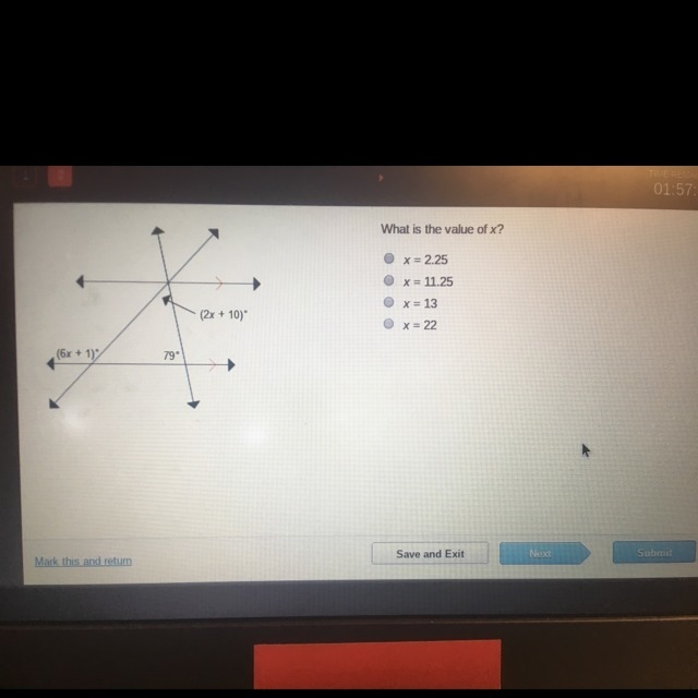 What is the value of x? X=2.24 x=11.25 x=13 x=22-example-1