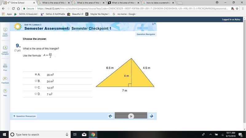 What is the area of this triangle? Use the formula A = bh/2 A. 28 m2 B. 24 m2 C. 14 m-example-1