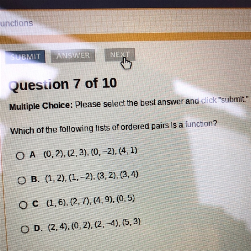 Which of the following lists of ordered pairs is a function?-example-1