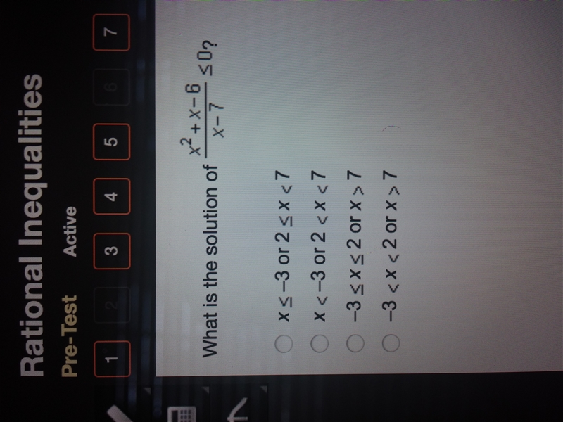 What is the solution set of (x^2+x-6/x-7)<_0-example-1