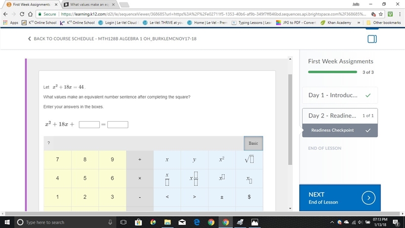 Let ​ x^{2}+18x=44 What values make an equivalent number sentence after completing-example-1