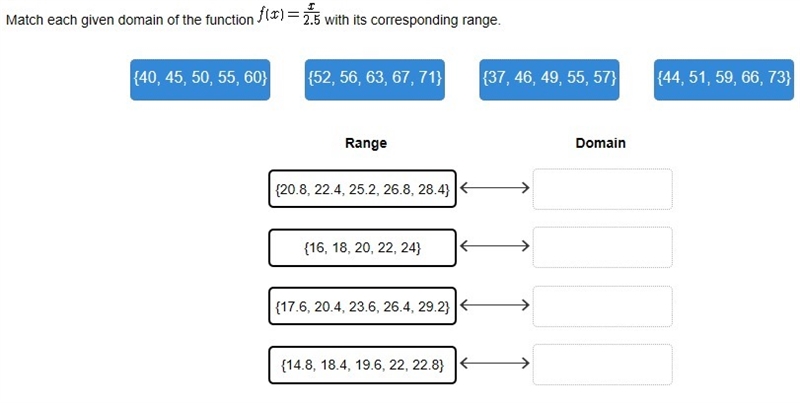 Match each given domain of the function f(x)=2/2.5 with its corresponding range.-example-1