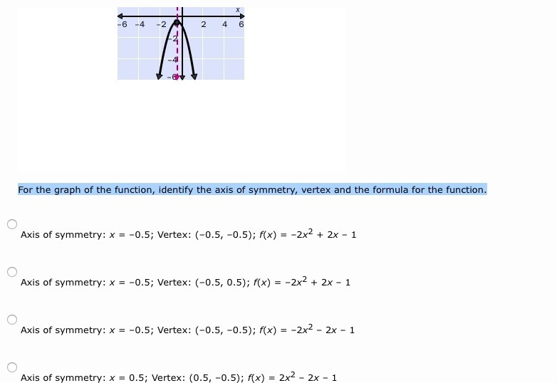 For the graph of the function, identify the axis of symmetry, vertex and the formula-example-1