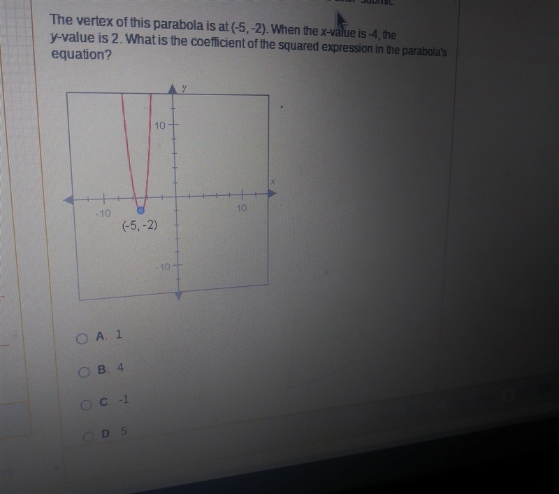 The vertex of this parabola is at (-5,-2). when the x-value is -4, the y-value is-example-1