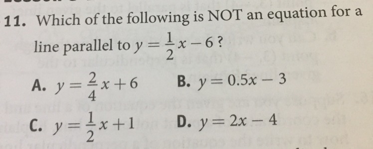 Which of the following is NOT an equation for a line parallel to y=1/2x-6? What’s-example-1