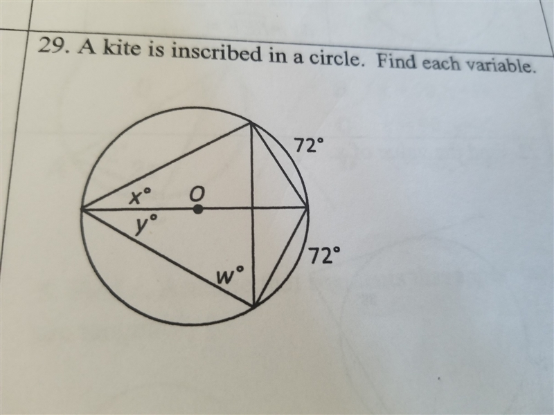 A kite is inscribed in a circle. Find each variable.-example-1