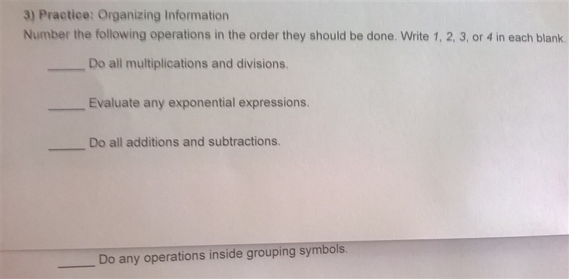 Practice: Organizing Information Number the following operations in the order they-example-1