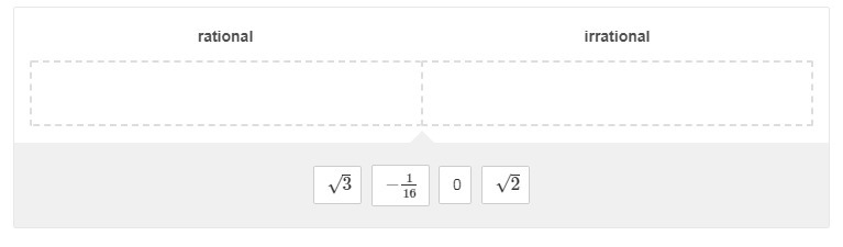 Classify each number as rational or irrational. Drag the choices into the boxes to-example-1