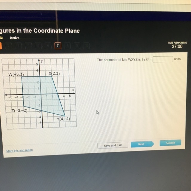 The perimeter of kite wxyz is 2, square root 53 + _____units-example-1