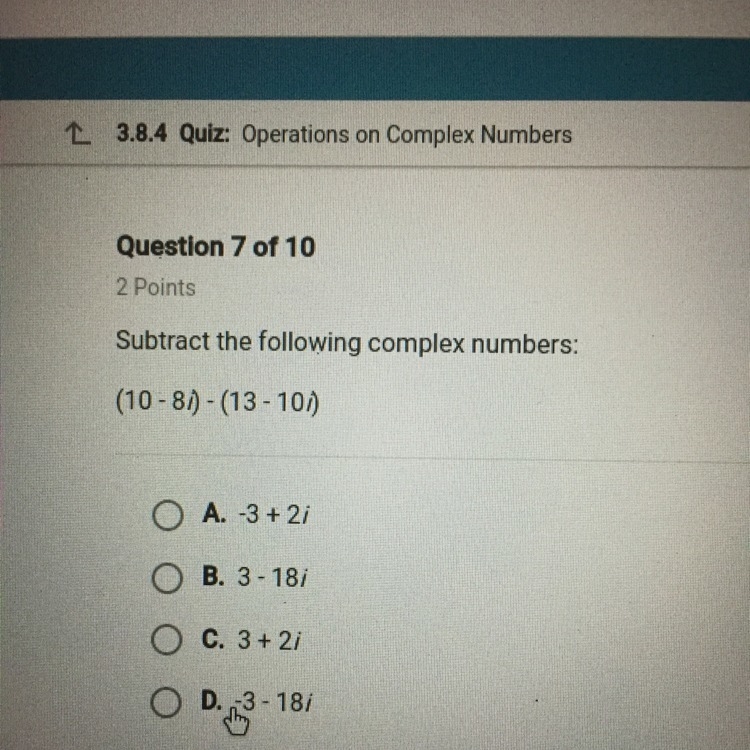 Subtract the following complex numbers: (10-8i)-(13-10i) ??-example-1