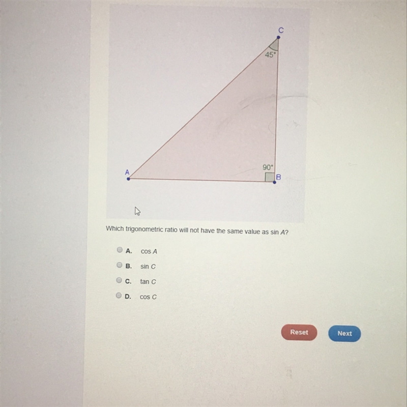 Which trigonometric ratio will not have the same value as sin A?-example-1