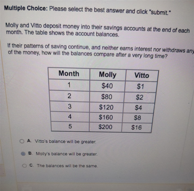 Molly and Vitto deposit money, how will the balances compare after a very long time-example-1