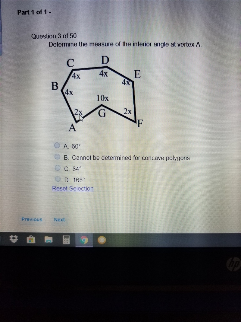 Determine the measure of the interior angel at vertex A-example-1