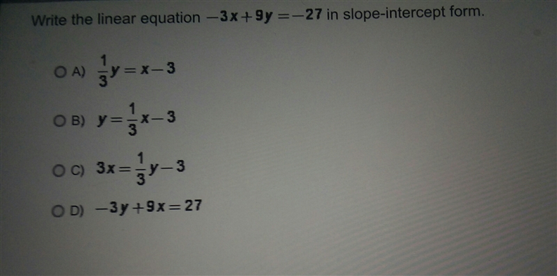 -3x+9y=-27 in y-intercept form-example-1