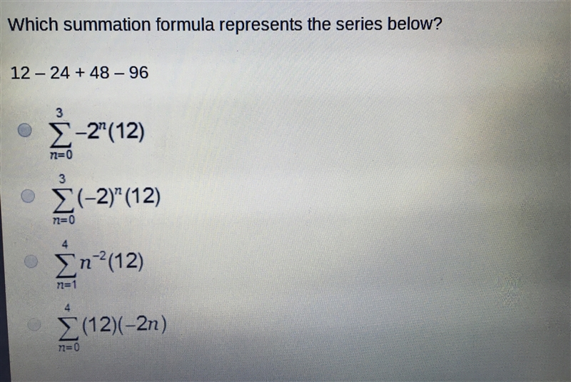 Which summation formula represents the series below?-example-1