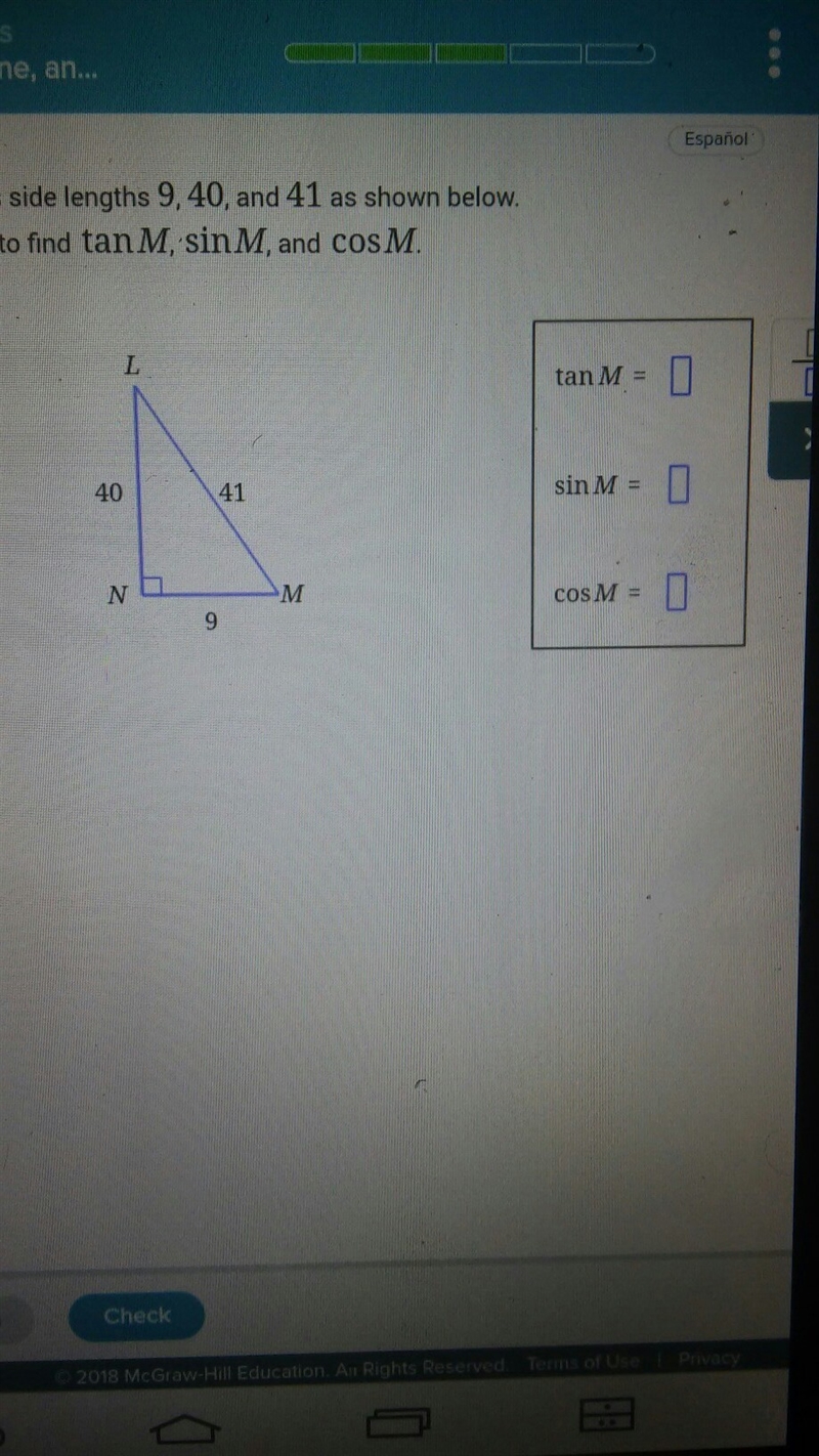 A right triangle has side length 9,40, and 41 as shown below.-example-1