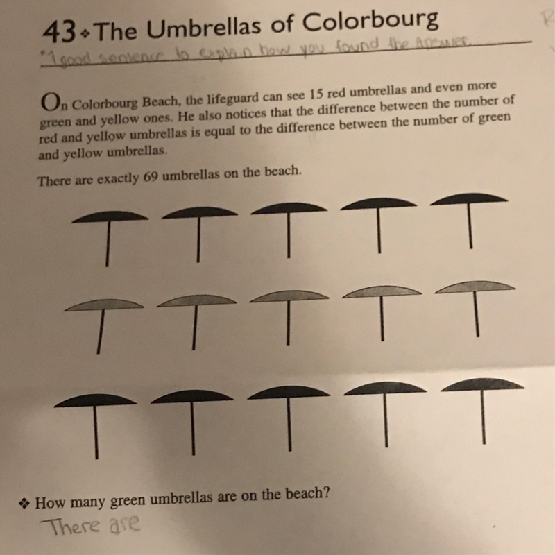 If there are a total of 69 umbrellas, how many green umbrellas are on the beach, and-example-1