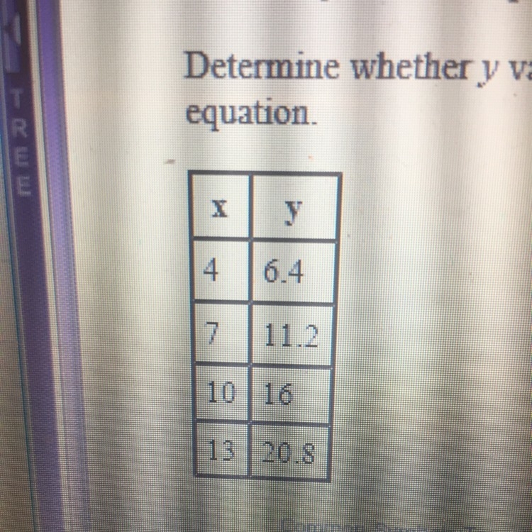 Determine whether y varies directly with x. If so, find the constant of variation-example-1